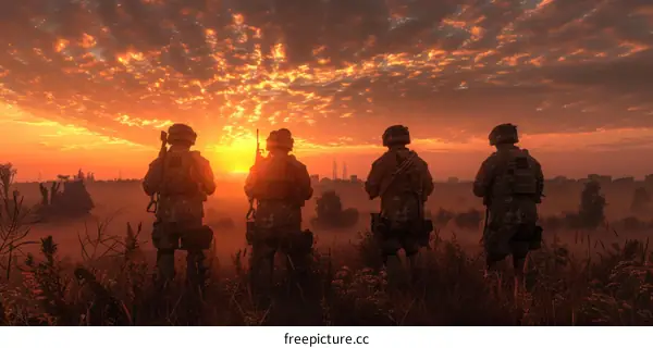 Four soldiers in front of a setting sun