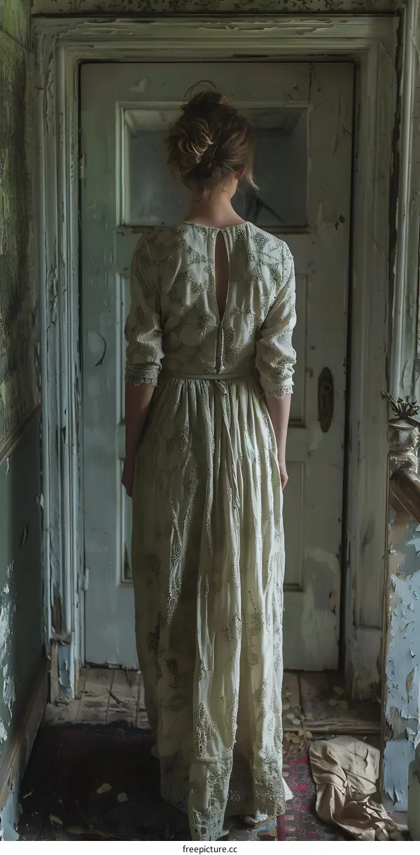 woman in a long white dress standing in a doorway