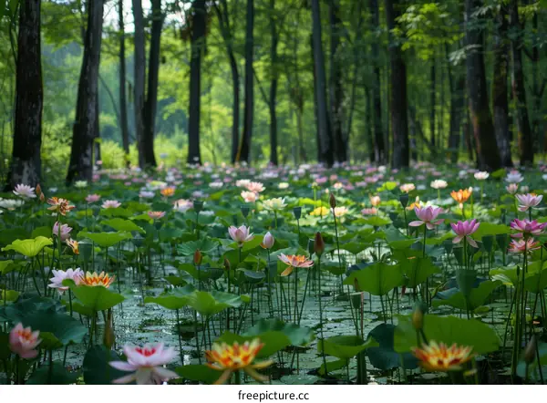 A pond full of colorful lotus flowers in a forest