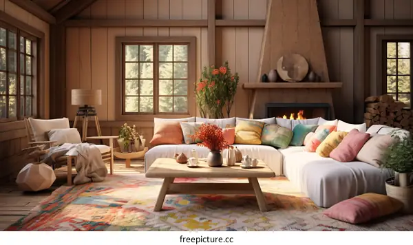 Modern living room interior with fireplace and large windows