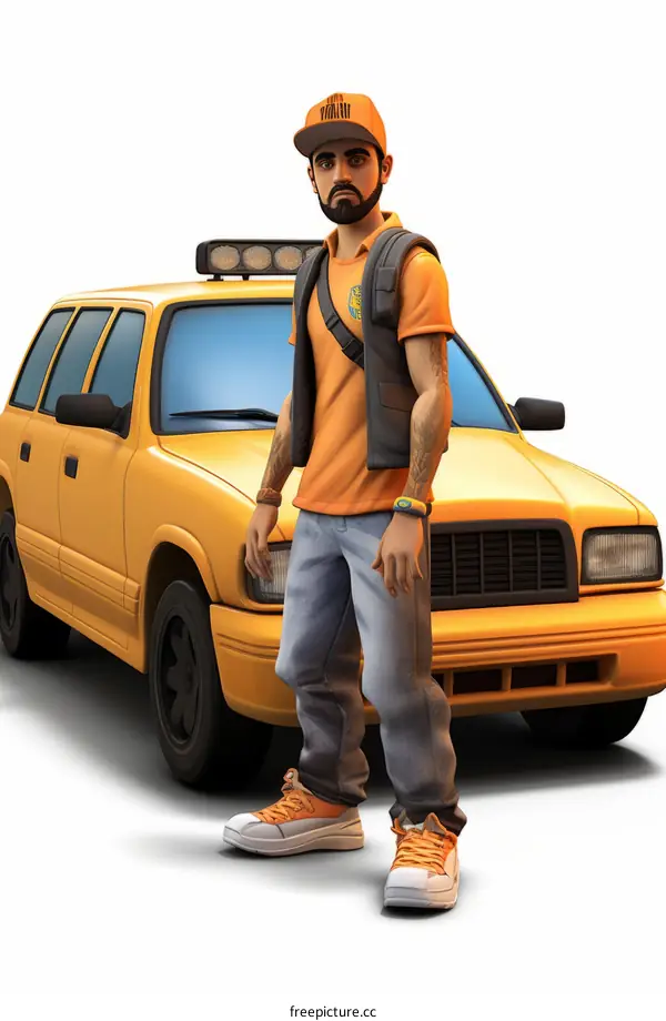 A man in front of a yellow car