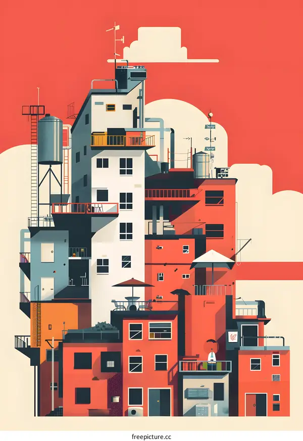 Cityscape Illustration with Colorful Buildings and Rooftop Patios