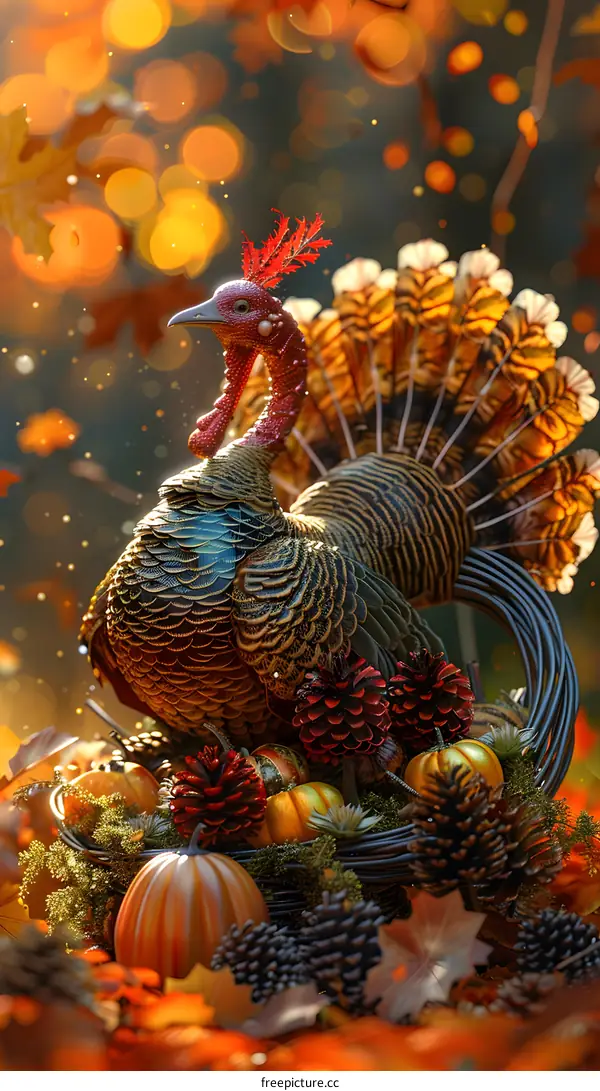 A Thanksgiving turkey surrounded by pumpkins and pine cones.