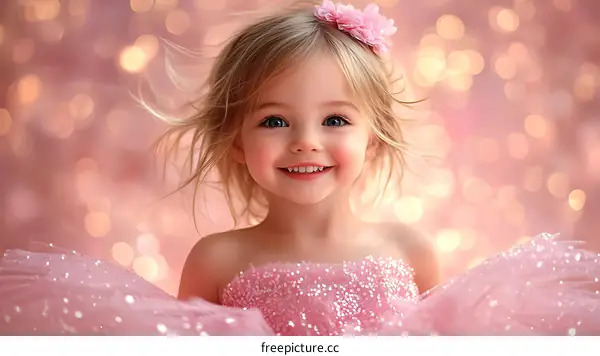 Adorable Little Girl in a Sparkling Pink Dress