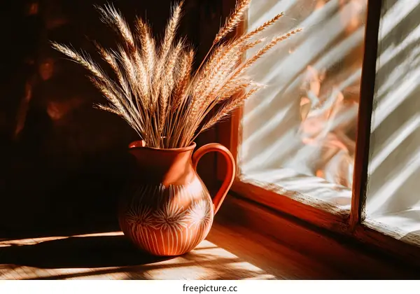 Wheat in a Clay Jug on a Windowsill