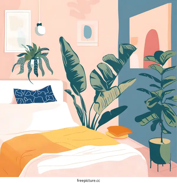 Bedroom Interior Design With Plants and Yellow Blanket