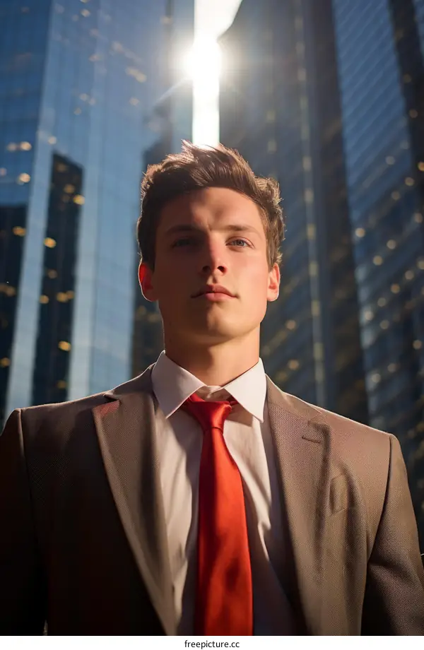 Young professional man wearing suit and tie standing in urban city setting