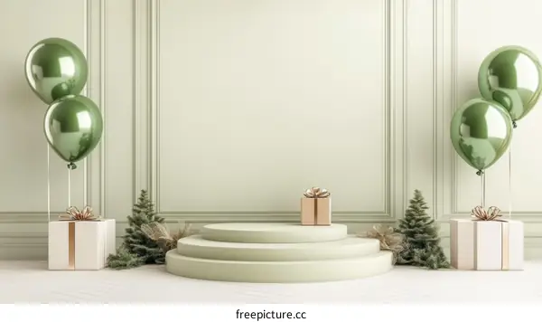 Green Christmas Gift Background with Balloons and Trees