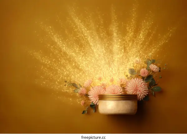 Golden Sparkling Cosmetic Jar with Pink Flowers
