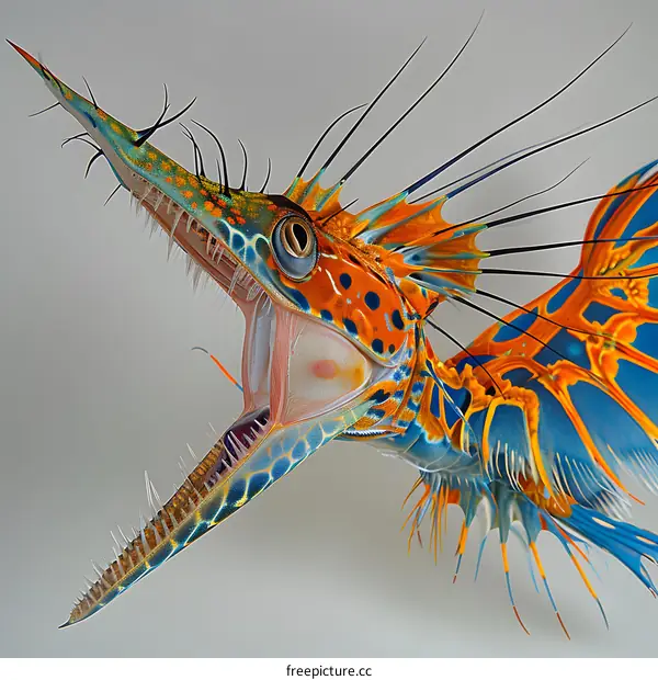 A 3D rendering of a colorful and intricate fish with its mouth wide open