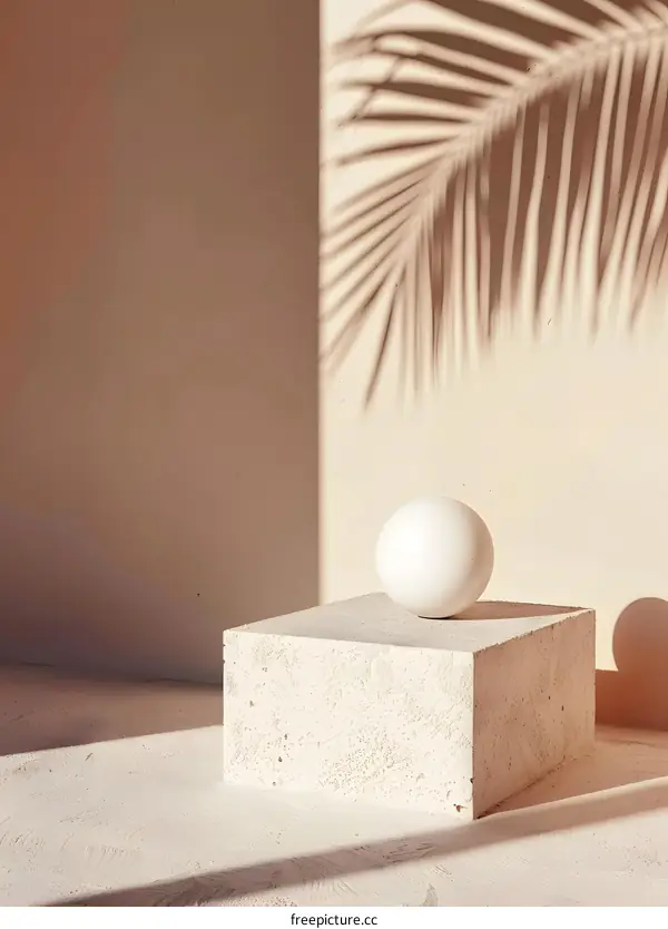 Minimalist White Sphere on Concrete Block with Palm Leaf Shadow