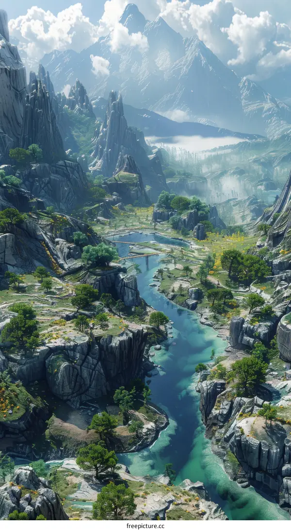 A river flows through a valley with high mountains on both sides