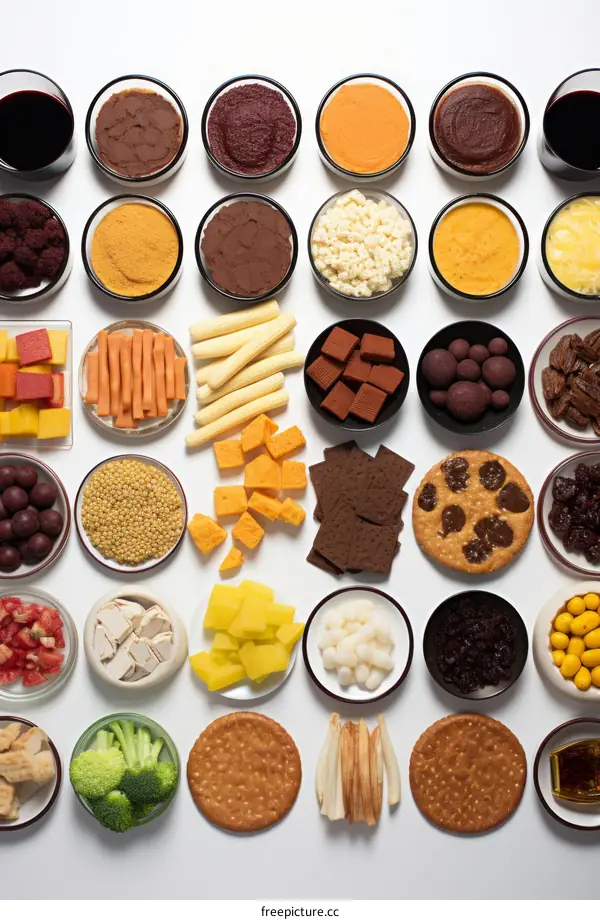 A variety of food items are arranged in a grid pattern on a white background. There are both sweet and savory foods, including fruits, vegetables, crackers, and cookies.