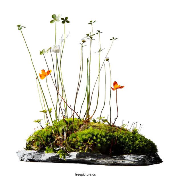 [Transparent Background PNG]Close Up of Green Moss with Small Wildflowers