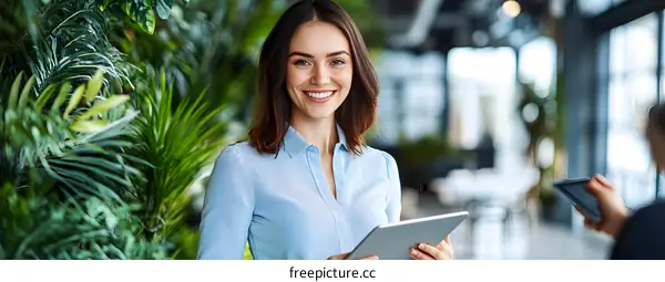 Smiling Woman Holding Tablet in Front of Plants