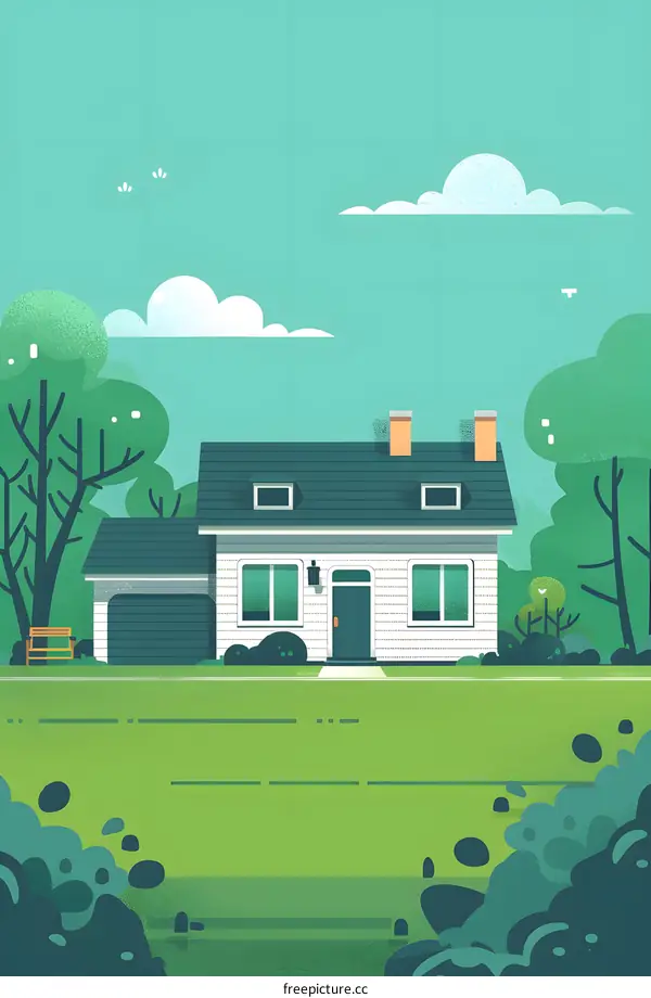 White House with Green Grass and Trees Illustration