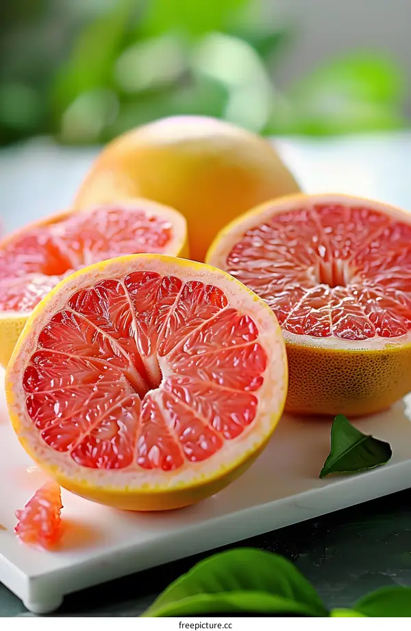 Closeup of Freshly Cut Ripe Grapefruits on White Serving Board