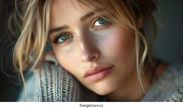portrait of a beautiful woman with freckles and green eyes