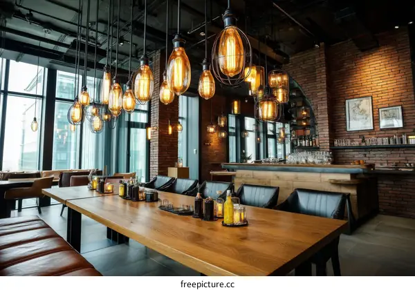 Modern Industrial Restaurant Interior with Pendant Lights