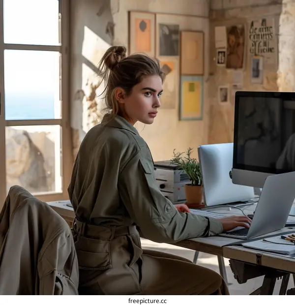 A young woman is sitting at a desk in front of a computer.