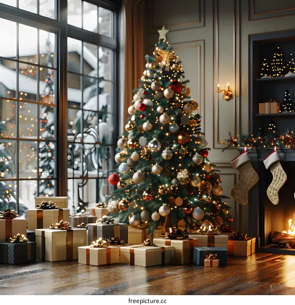 Exquisitely decorated Christmas tree by the fireplace