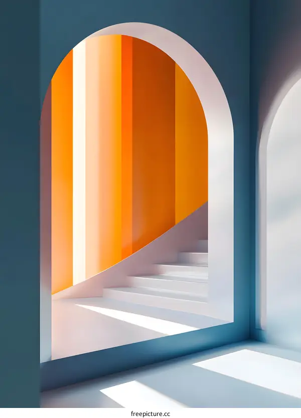 Abstract Modern Architecture Interior Design with White Staircase and Orange Wall