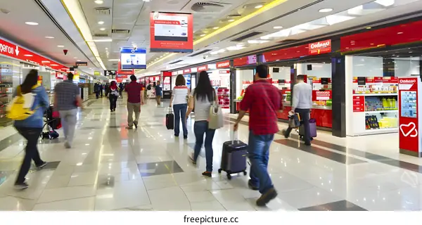 People Walking Through Airport Terminal With Luggage