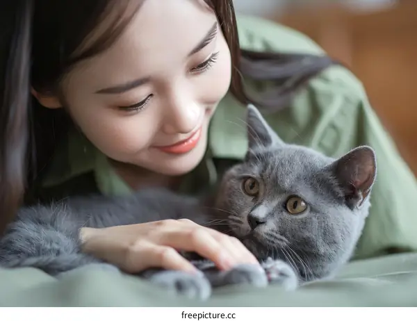 A young woman is petting a gray cat