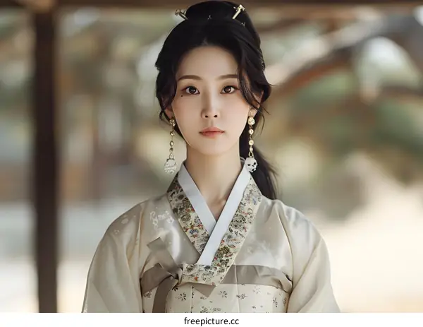 Portrait of a young woman in traditional Korean dress, or hanbok