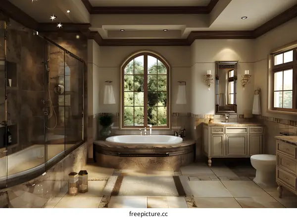 Luxurious bathroom with a large bathtub, shower and two sinks