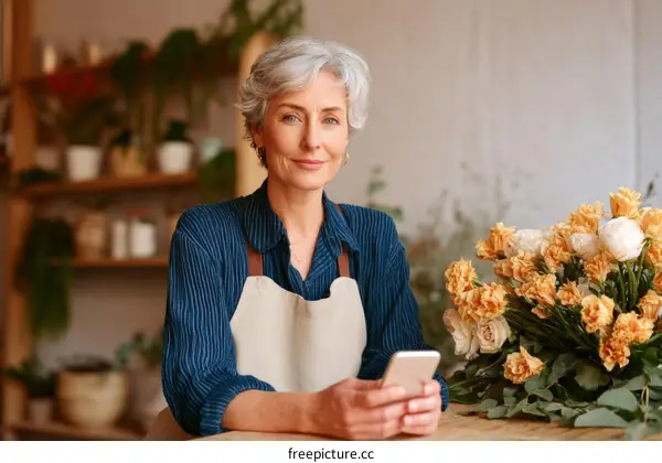 Mature Woman Florist Using Smartphone