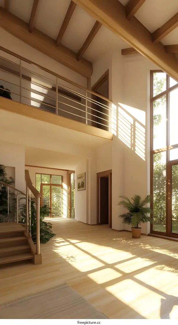 Modern Home Interior Design With Wooden Beams and Large Windows