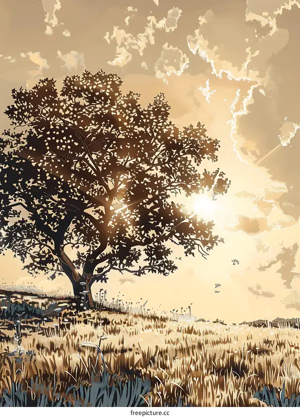 Silhouette of a Tree with Sunset and Birds in the Sky