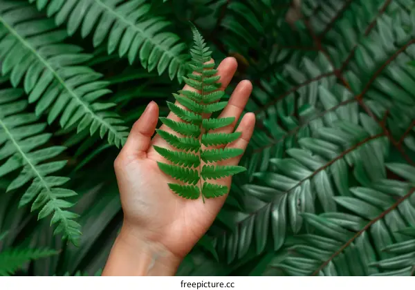 A hand holding a frond of a fern