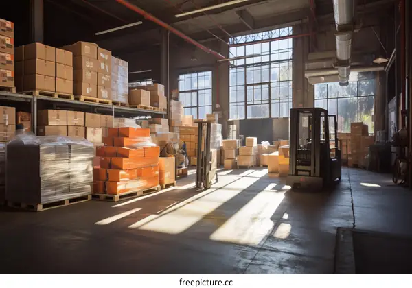 A large warehouse packed with boxes and forklifts