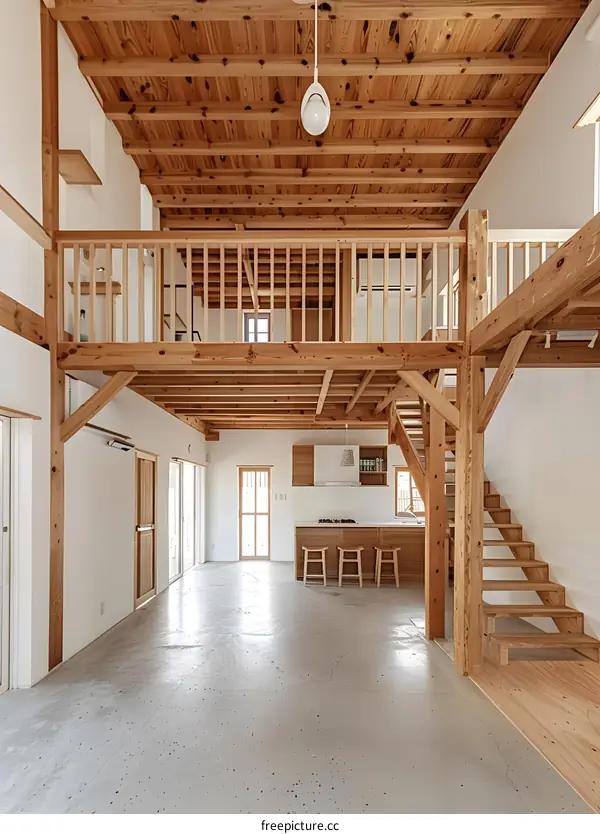 Modern Wooden Loft Interior Design With Wooden Beams And Open Floor Plan