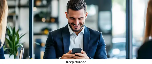 Smiling Businessman Using Smartphone in Office