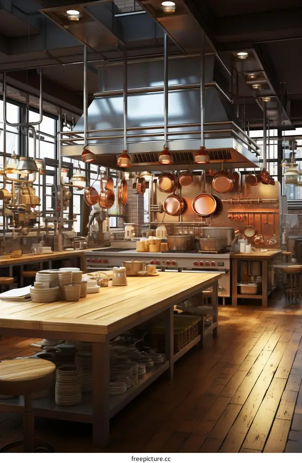 Commercial Kitchen with Large Wooden Table and Copper Pots