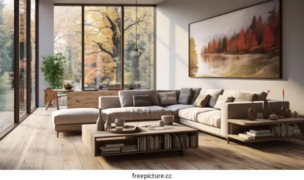 Modern living room interior with large windows and a view of the autumn forest