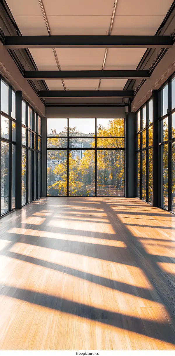 Empty Room with Large Windows and Wooden Floor