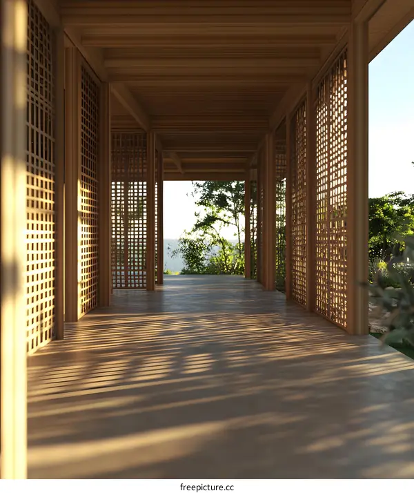 Wooden Corridor with Lattice Panels and Sunlight