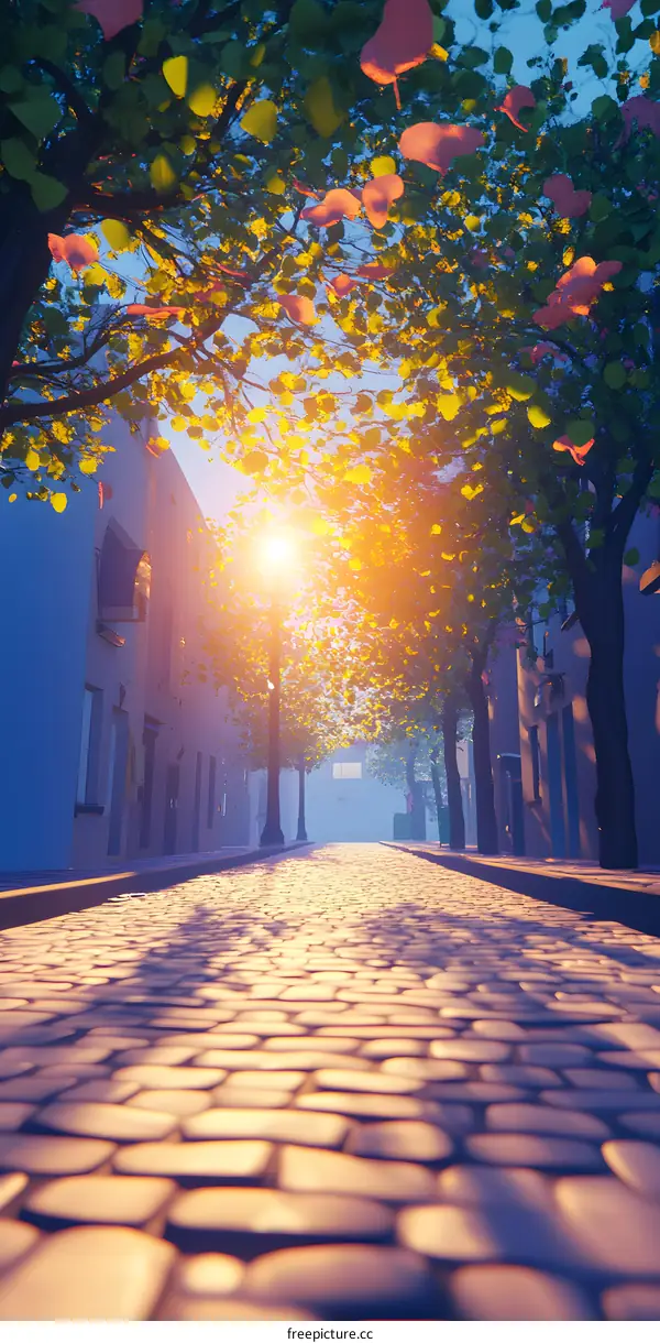 Cobblestone Street at Sunset with Trees