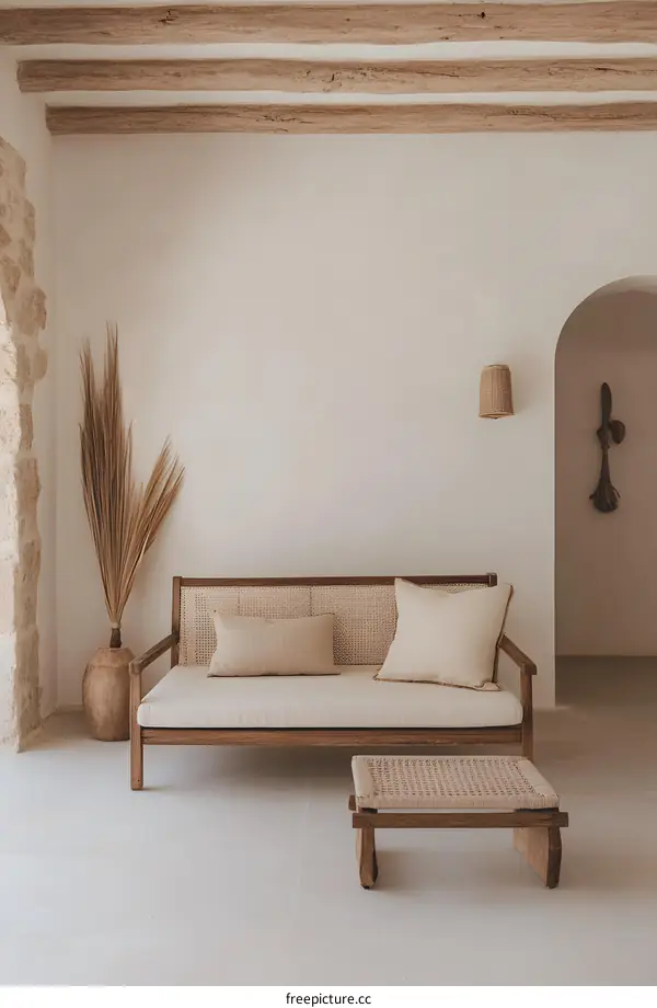 Minimalist Interior Design With Wooden Couch and Ottoman