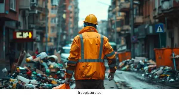 Waste Management Worker Picking Up Garbage in the Street