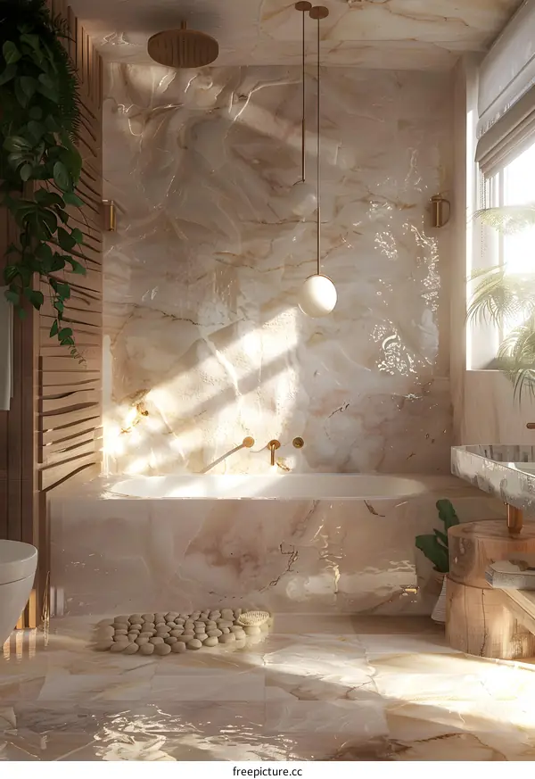 Modern Bathroom Design with Marble Walls and Natural Light