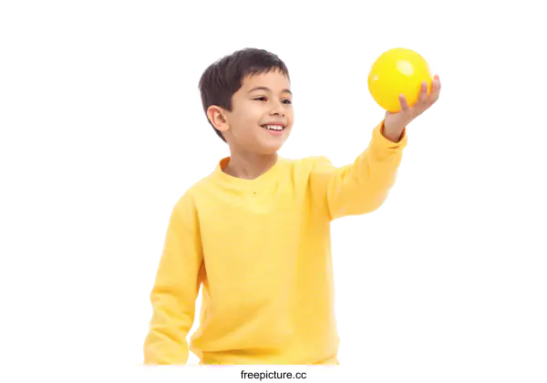 [Transparent Background PNG]Happy Boy Holding a Yellow Ball