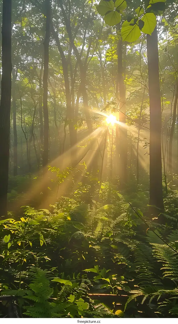 Sun Rays Shining Through Forest Canopy