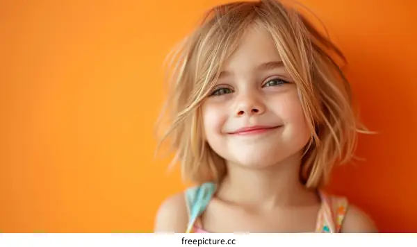 Portrait of a smiling blonde girl with green eyes