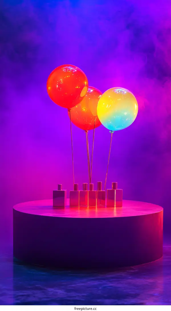 Colorful Balloons and Perfume Bottles on a Stage