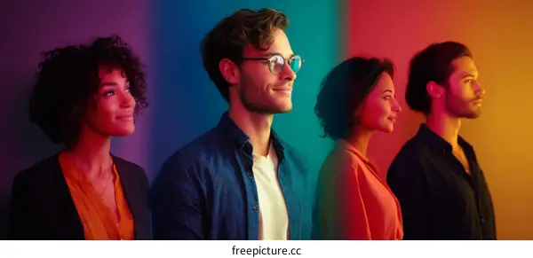 Multiethnic group looking ahead with colorful backdrop